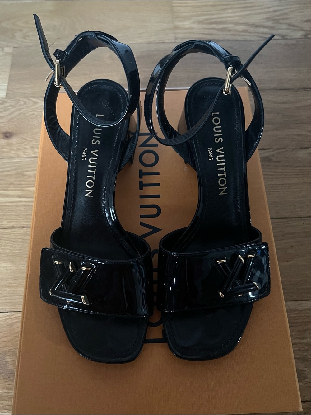 Louis Vuitton Black Patent Leather LV Buckle Ankle-Strap Heels